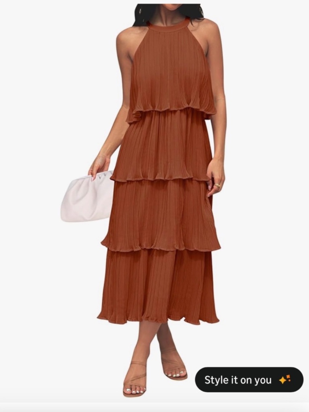 Women's Summer Sleeveless Halter-Neck Ruffle Tiered Layed Chiffon Dress, Brown M
